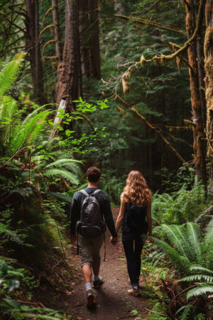 Young couple hikes on a lush jungle trail surrounded by vibrant greenery, capturing the essence of adventureの素材