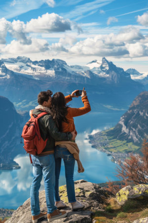 Smiling couple in winter attire captures a selfie with majestic mountain backdropの素材