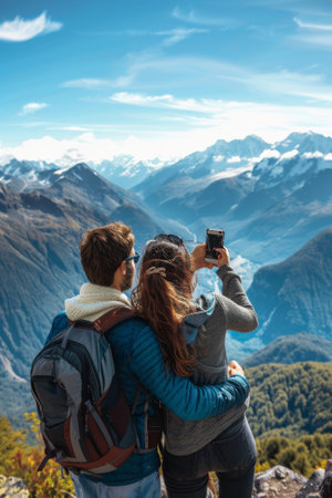 Couple embraces while taking a photo of a majestic mountain lake landscapeの素材