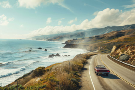 Embark on a breathtaking coastal road trip through winding roads and stunning seascapes. Taking in the serene and tranquil nature of the coastline. Mountains. And oceanの素材