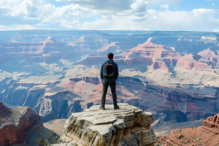 Hiker gazes into the vast expanse of the grand canyon from a rocky outcropの素材