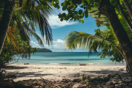 Pristine beach view through palm trees on a sunny day with clear blue skiesの素材