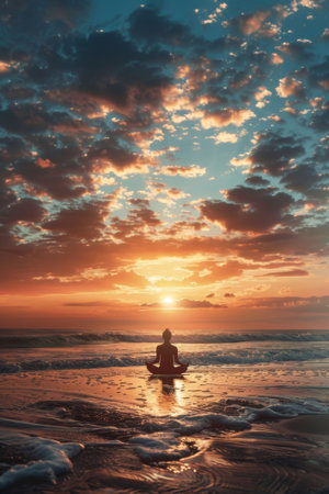 Tranquil silhouette of a person meditating on a reflective beach as the sun setsの素材