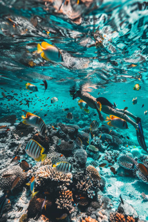Scuba diver admires a colorful underwater ecosystem teeming with tropical fishの素材