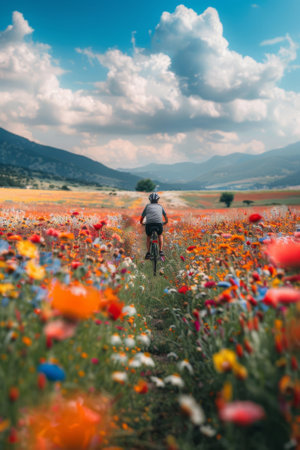 Young woman enjoying a peaceful bike ride amidst a vibrant field of wildflowers at sunsetの素材