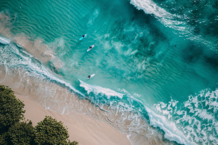Aerial shot of surfers and crystal-clear waves on a pristine tropical beach with lush foliageの素材