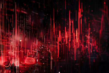 Abstract red financial data and charts falling on black background representing stock market crashの素材