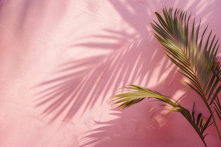 Green palm leaves are casting shadows on a pink wall backgroundの素材