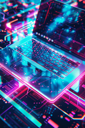 Futuristic laptop is displaying holographic code, suggesting advanced technology and virtual realityの素材