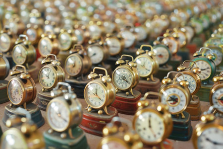 Many vintage alarm clocks are sitting on display on a table in an antique shopの素材