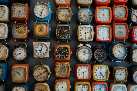 Many different vintage alarm clocks are hanging on a grey wall, showing different timesの素材