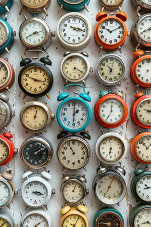 Colorful wall displaying many vintage square clocks showing different timesの素材