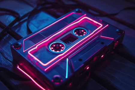 Audio cassette tape glowing with neon lights in a dark environmentの素材