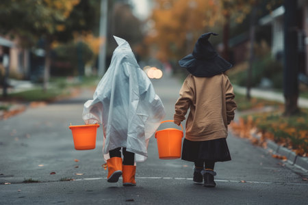 Two young girls wearing witch costumes and holding buckets walking down a street on halloweenの素材