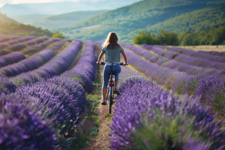 Serene ride captures a woman biking amidst blooming lavender fields bathed in golden lightの素材