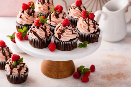 Raspberry chocolate cupcakes with raspberry buttercream frosting a drizzle of chocolate glazeの写真素材