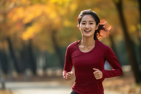 Happy and Healthy Asian Young Woman Running and Joggingの素材