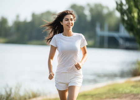 Happy and Healthy Asian Young Woman Running and Joggingの素材
