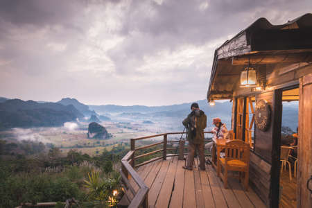 Sunrise, mist and view from coffee shop at Phu Langka Mountain.