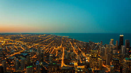 Chicago aerial view at dusk with skyscrapers and city skylineの写真素材