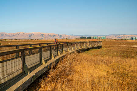 Unrecognizable cyclist on the boardwalk at Baylands Nature Preserve. Palo Alto, Santa Clara County, California, USAの写真素材