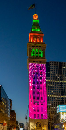 Denver, Colorado - November 27, 2020: Night view of Daniels & Fisher Tower and 16th street in...
