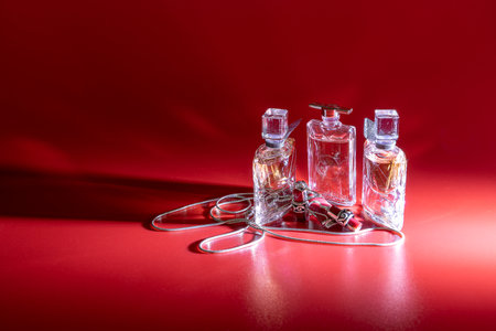 Perfume and jewelry set on a red background.の写真素材
