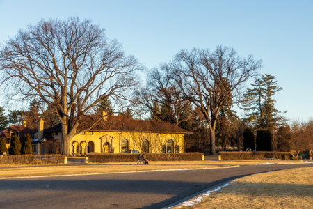 Denver, Colorado - February 19, 2021: Old home with beautiful landscaping near Cranmer Park in Denver, Coloradoのeditorial素材