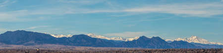 Colorado Living. Denver, Colorado - Denver Metro Area Residential Winter Panorama with the view of a Front Range mountains, viewed from Inspiration Point park in Denver, Coloradoの写真素材