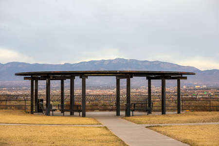 West Bluff Park in Albuquerque, New Mexico, with a scenic view of the city and Sandia Mountainの写真素材