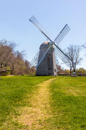 Shingled smock windmill at the Prescott Farm historic site in Middletown, Rhode Islandの写真素材