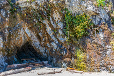 Scenic coastal landscape and rock formations on Portuguese Beach in Mendocino Headlands State Park, Californiaの写真素材
