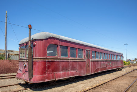 Fort Bragg, California - June 12, 2021: Vintage passenger rail car in Depot Mall and Museum in Fort...