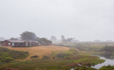Fort Bragg, California - June 12, 2021: Scenic foggy coastal landscape in Fort Bragg, California