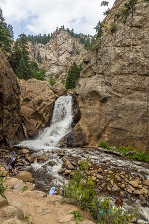 Nederland, Colorado - August 1, 2021: Tourists by Boulder Falls in Boulder Canyon, Nederland, Coloradoのeditorial素材