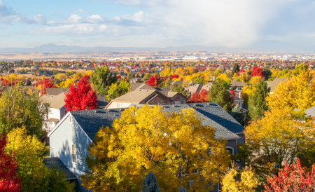 Colorado Living. Centennial, Colorado - Denver Metro Area Residential Autumn Panorama with the view of a Front Range mountains in the distanceの写真素材