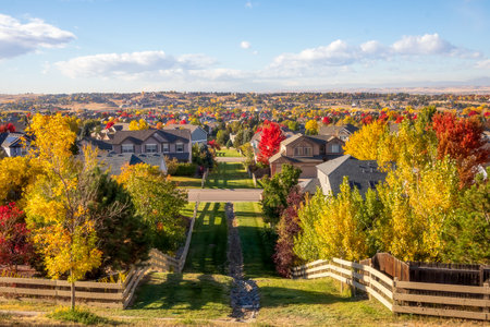 Colorado Living. Centennial, Colorado - Denver Metro Area Residential Autumn Panorama with the view of a Front Range mountains in the distanceの写真素材