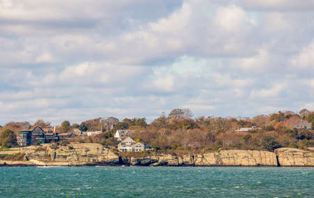 Scenic view of the seashore and residential area in Middleton, Rhode Island, from Second Beach Parkの写真素材