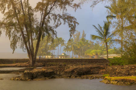 Beautiful Liliuokalani Park and Gardens in Hilo, Hawaii, on a rainy sunset