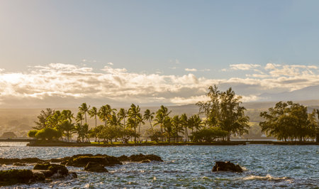 Beautiful Liliuokalani Park and Gardens in Hilo, Hawaii, on a rainy sunsetの写真素材