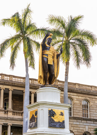 Statue of King Kamehameha in downtown Honolulu, Hawaii in front of King Kamehameha V Judiciary History Center. The statue had its origins in 1878のeditorial素材