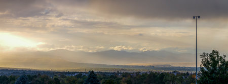 Colorado Living. Englewood, Colorado - Denver Metro Area Residential Fall Sunset Panoramaの写真素材