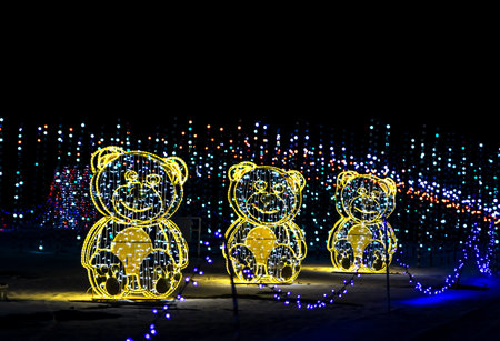 Colorful Christmas decorations LED strip lights against the night skyの写真素材