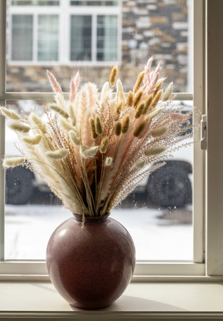 <p>Dried natural pampas grass in a vase on the window. Interior decor element. Close-up view. Soft Selective Focus</p>の写真素材