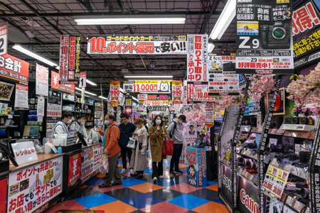 Tokyo, Japan - March 20, 2023: Large selection of photo equipment and professional accessories in the store of Tokyo, Japanのeditorial素材