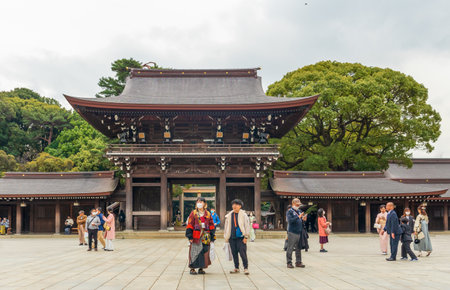 Tokyo, Japan - March 21, 2023: Meiji Jingu, Shinto shrine dedicated to the deified spirits of...