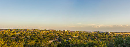 Southwest living. Santa Fe Residential Panorama on sunset. New Mexico, USAの写真素材