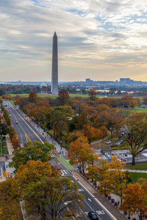 Washington DC aerial view with National Mall and Monument on an autumn sunsetの写真素材