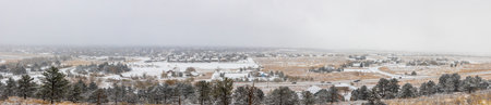 Colorado Living. Fort Collins, Colorado - Denver Metro Area Residential Winter Panorama. Snow Fall in the Neighborhoodの写真素材