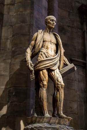Milan, Italy - February 24, 2024: The famous statue of Saint Bartholomew Flayed in the Milan Cathedral (Duomo di Milano)のeditorial素材